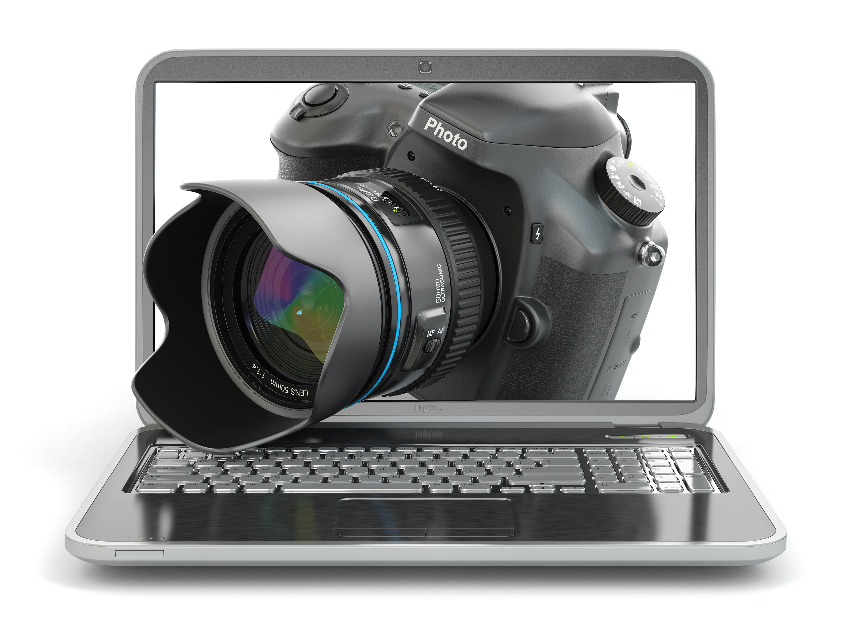 Digital photo camera and laptop. Journalist or traveler equipm
